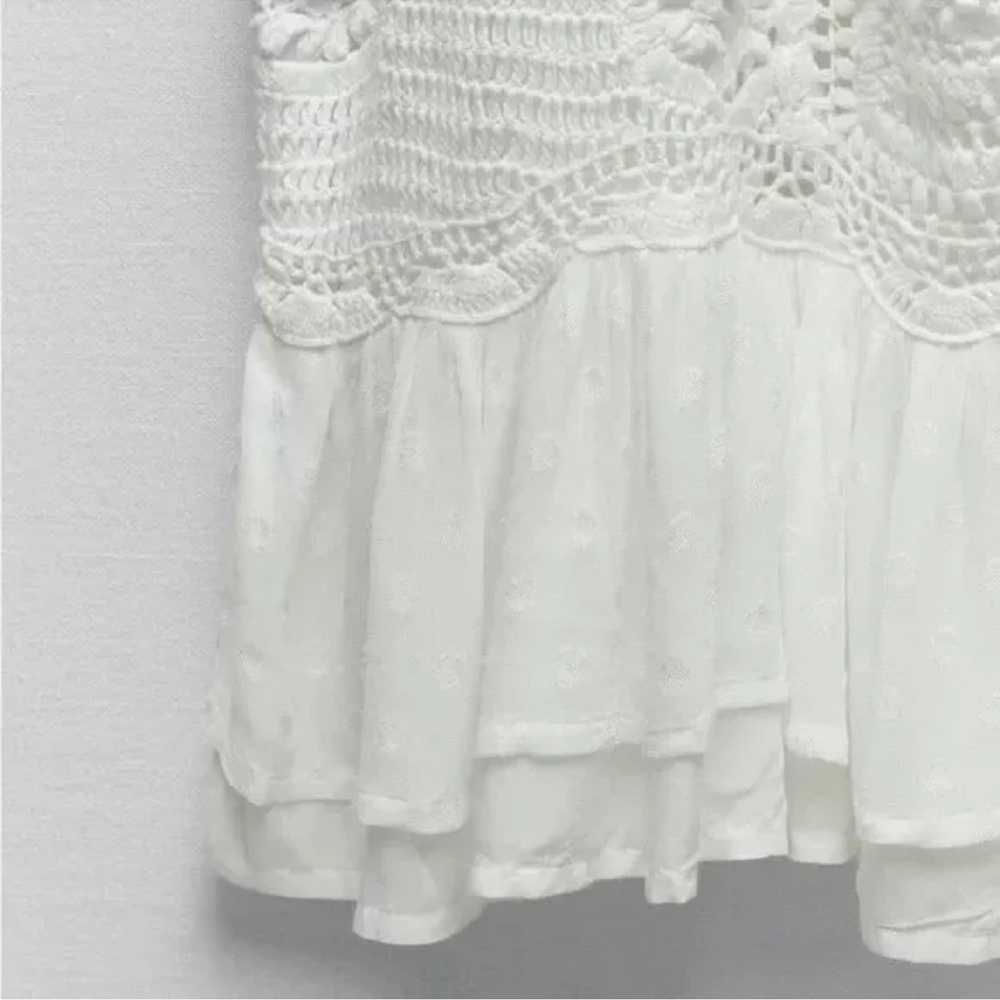 ZARA WHITE CONTRAST CROCHET KNIT MIDI DRESS Ruffled Hem $169 - Picture 5 of 8
